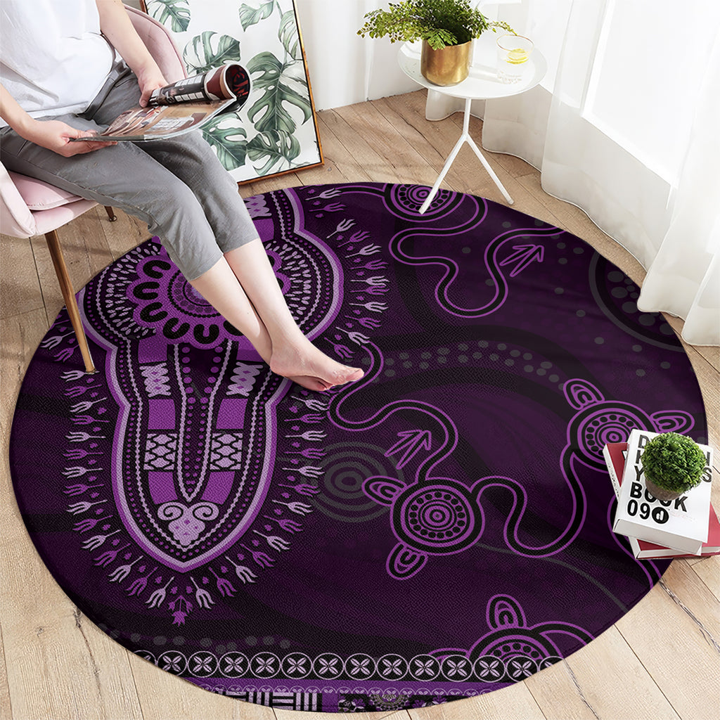 Purple African Dashiki With Australia Aboriginal Art Round Carpet