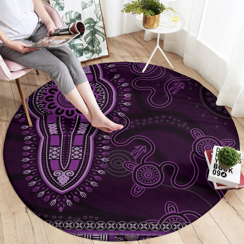 Purple African Dashiki With Australia Aboriginal Art Round Carpet