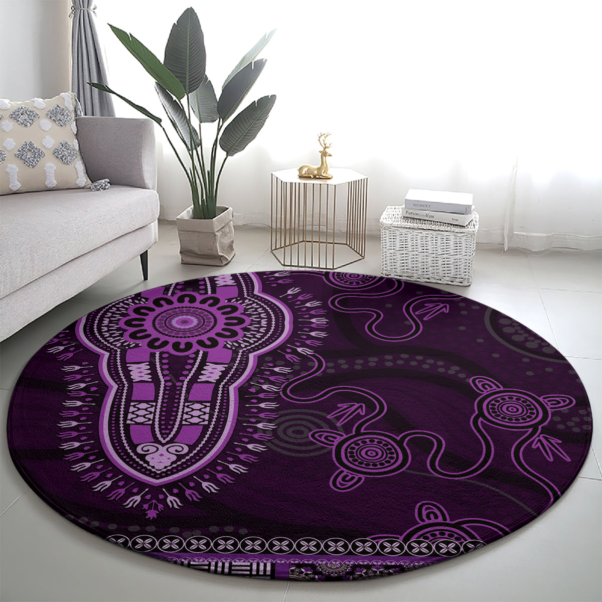 Purple African Dashiki With Australia Aboriginal Art Round Carpet