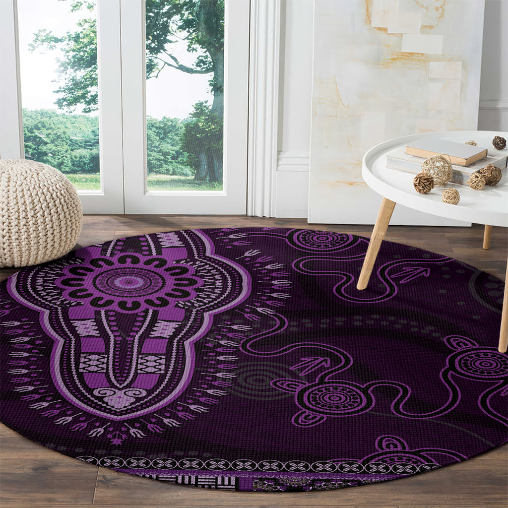 Purple African Dashiki With Australia Aboriginal Art Round Carpet