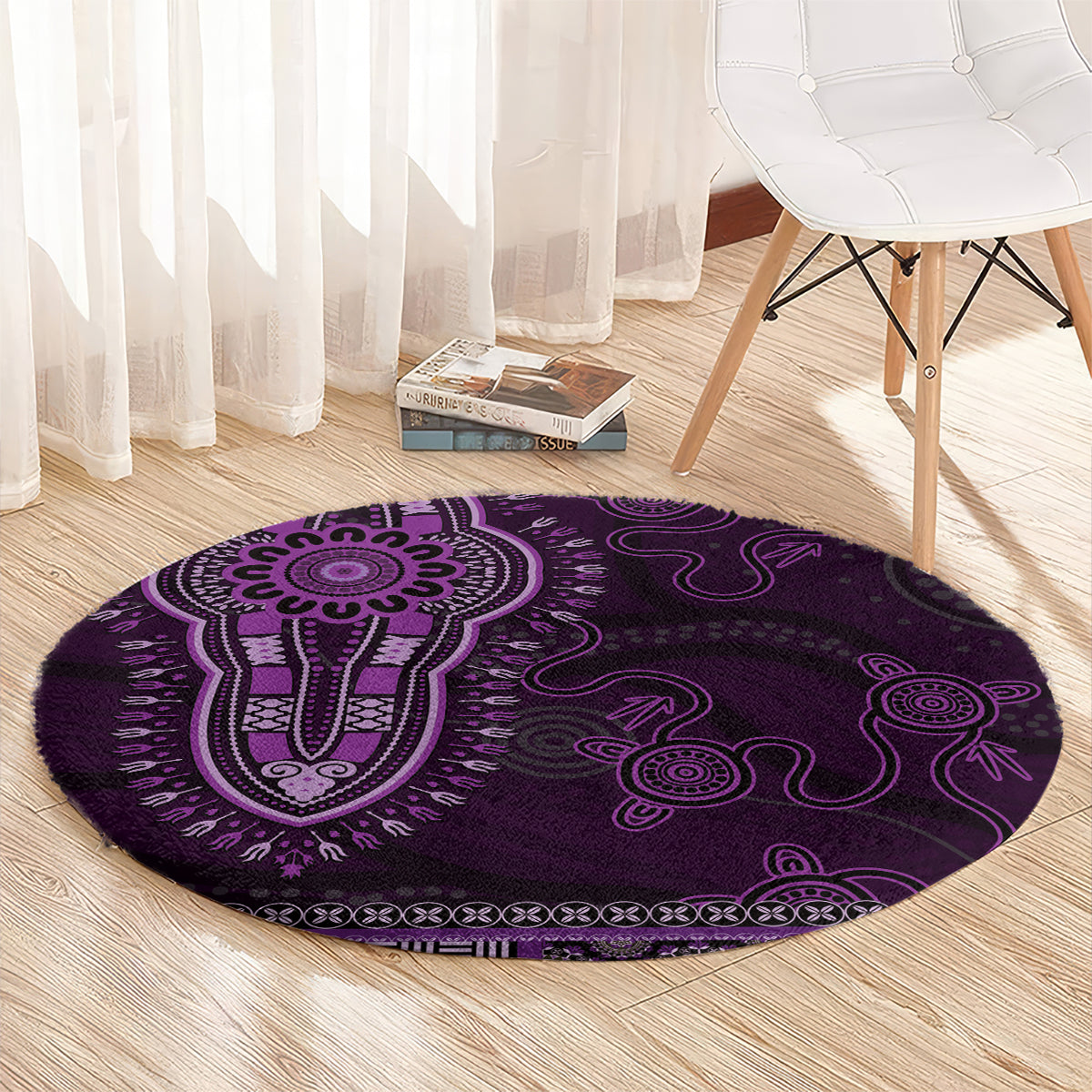 Purple African Dashiki With Australia Aboriginal Art Round Carpet