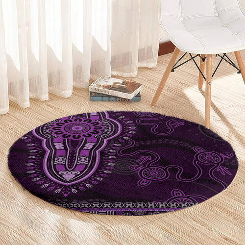 Purple African Dashiki With Australia Aboriginal Art Round Carpet