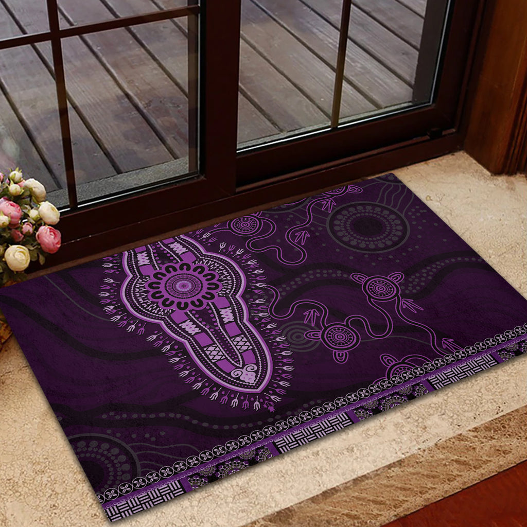 Purple African Dashiki With Australia Aboriginal Art Rubber Doormat