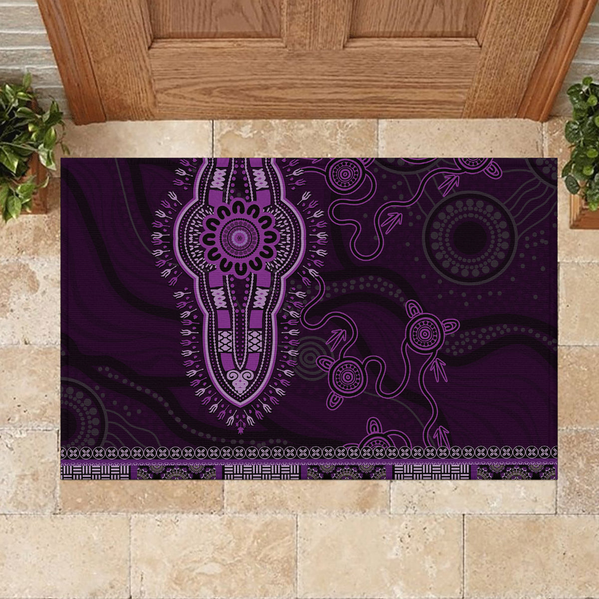 Purple African Dashiki With Australia Aboriginal Art Rubber Doormat