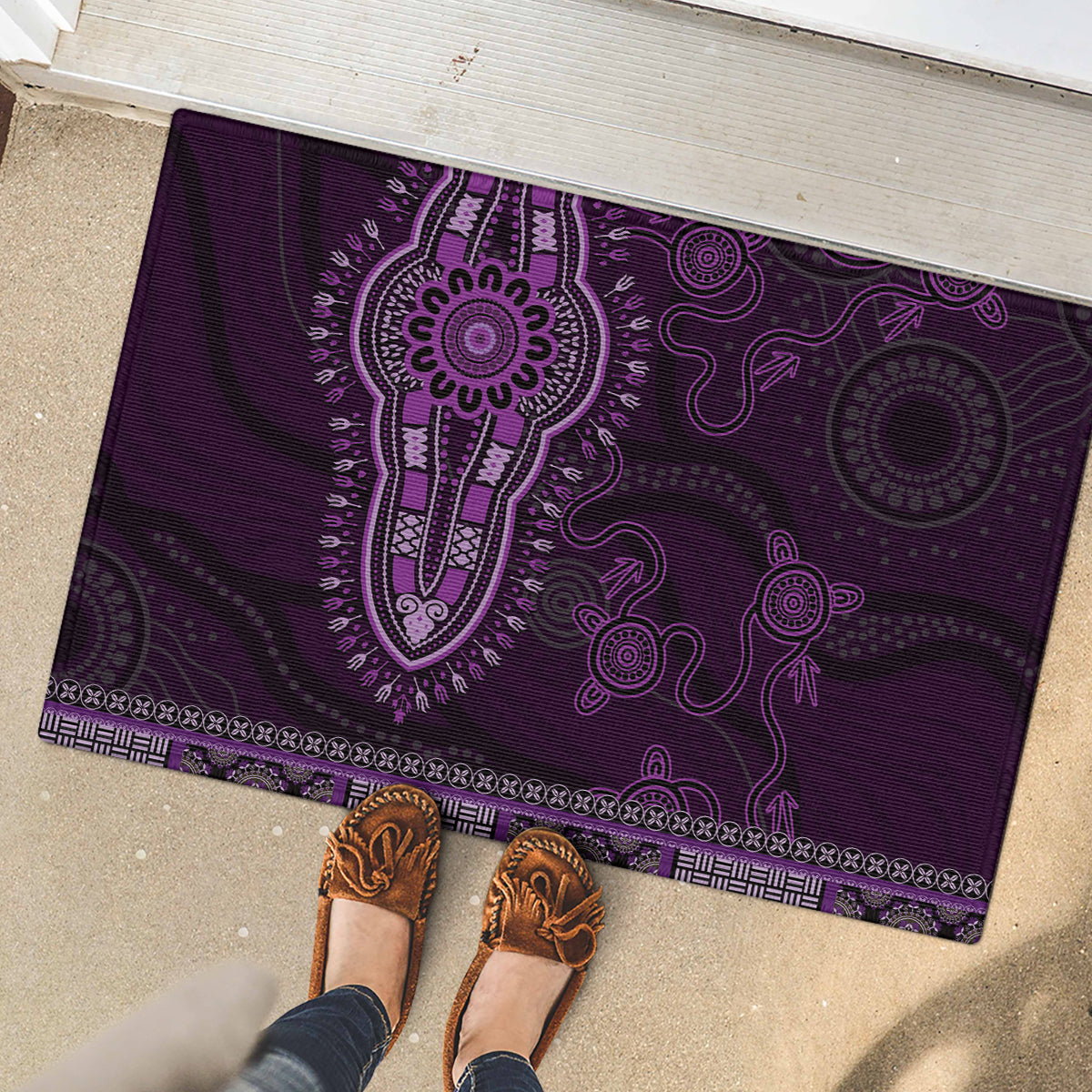 Purple African Dashiki With Australia Aboriginal Art Rubber Doormat