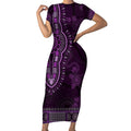 Purple African Dashiki With Australia Aboriginal Art Short Sleeve Bodycon Dress