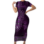 Purple African Dashiki With Australia Aboriginal Art Short Sleeve Bodycon Dress