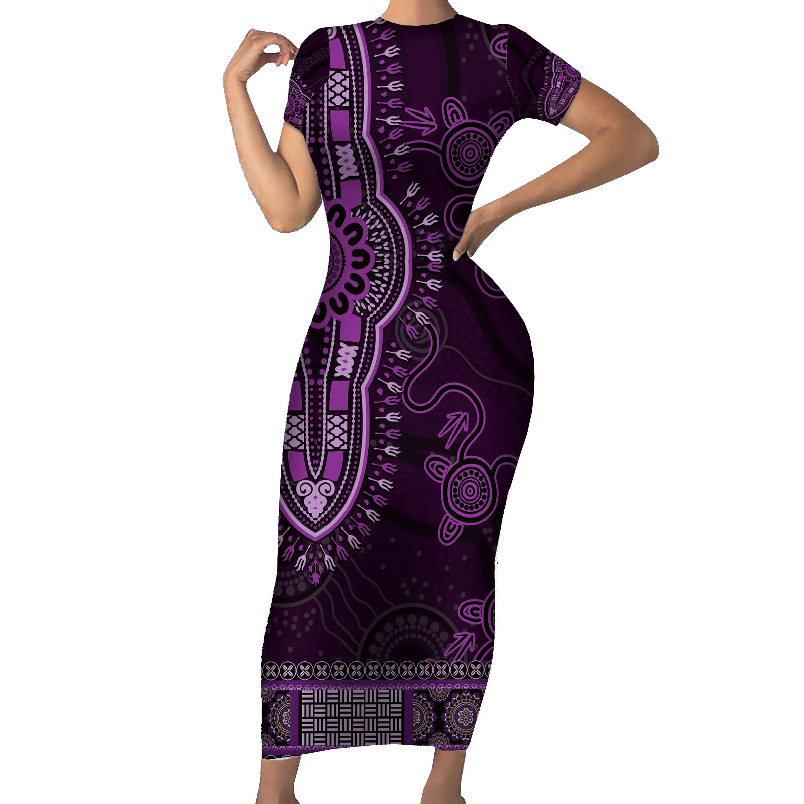 Purple African Dashiki With Australia Aboriginal Art Short Sleeve Bodycon Dress