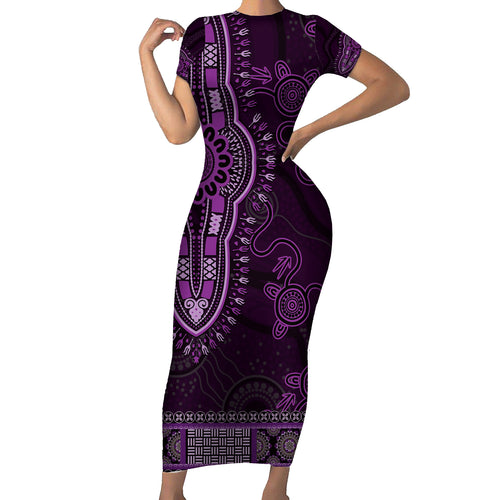 Purple African Dashiki With Australia Aboriginal Art Short Sleeve Bodycon Dress