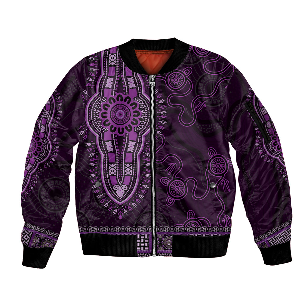 Purple African Dashiki With Australia Aboriginal Art Sleeve Zip Bomber Jacket