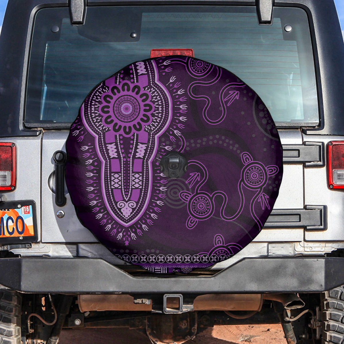 Purple African Dashiki With Australia Aboriginal Art Spare Tire Cover