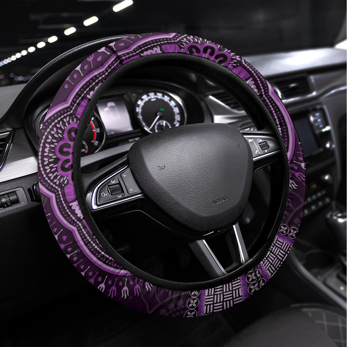Purple African Dashiki With Australia Aboriginal Art Steering Wheel Cover