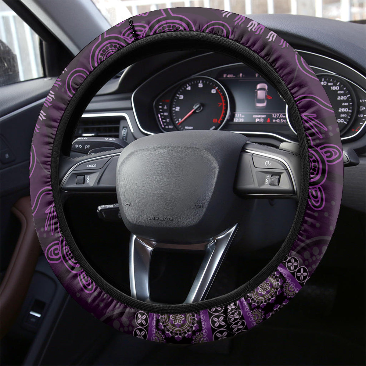 Purple African Dashiki With Australia Aboriginal Art Steering Wheel Cover