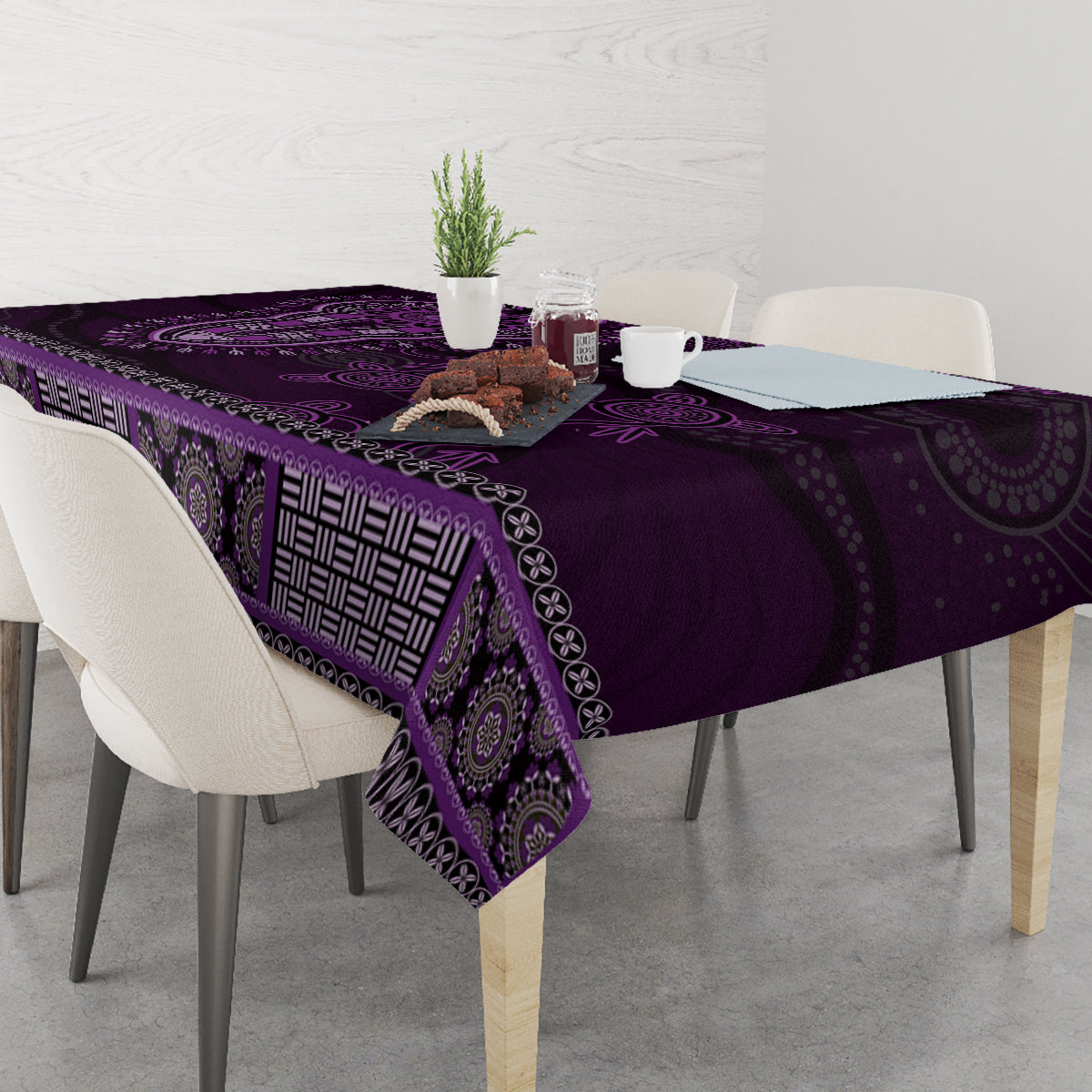 Purple African Dashiki With Australia Aboriginal Art Tablecloth
