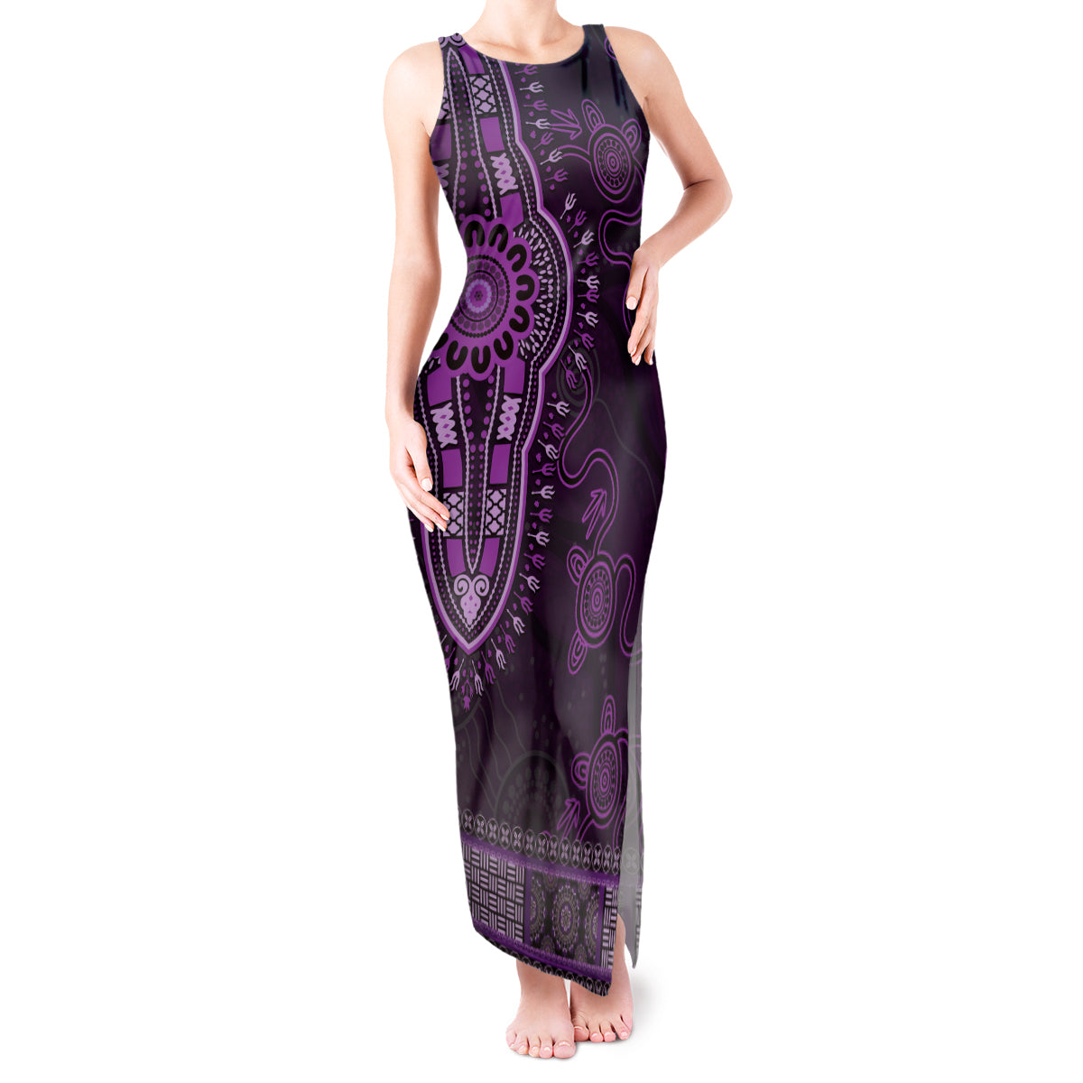 Purple African Dashiki With Australia Aboriginal Art Tank Maxi Dress