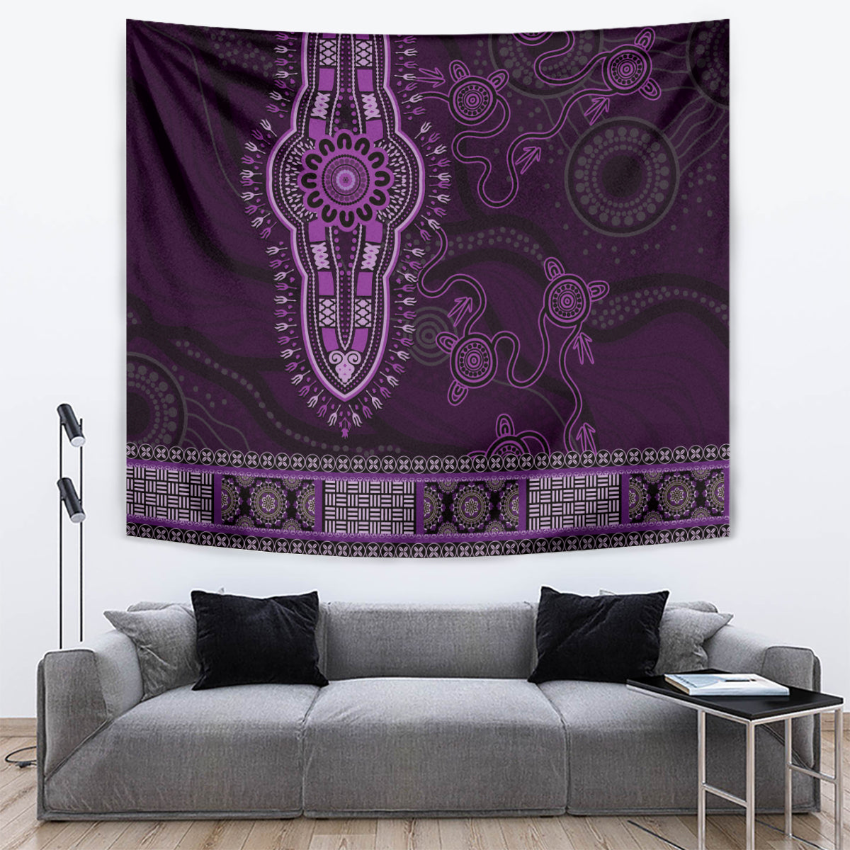 Purple African Dashiki With Australia Aboriginal Art Tapestry