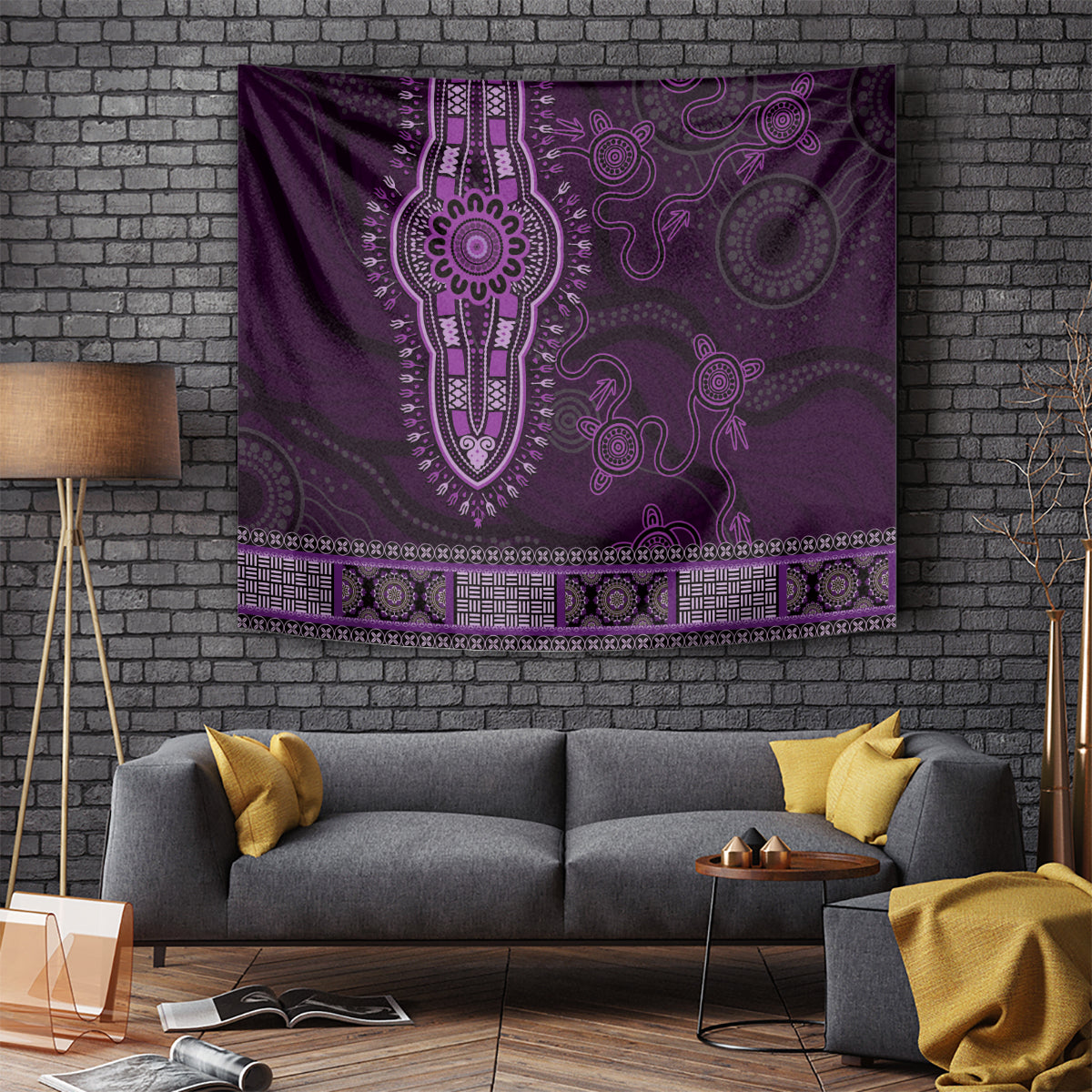 Purple African Dashiki With Australia Aboriginal Art Tapestry