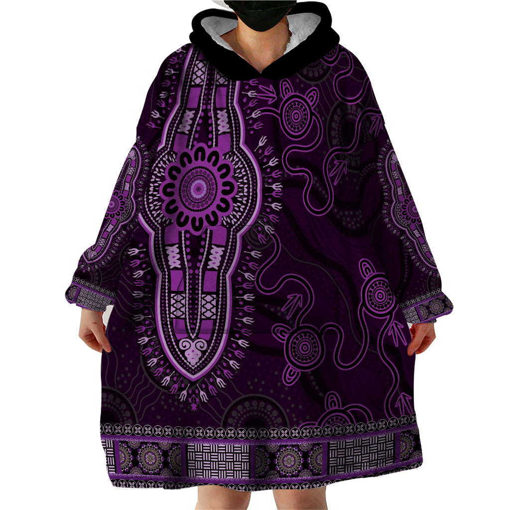 Purple African Dashiki With Australia Aboriginal Art Wearable Blanket Hoodie