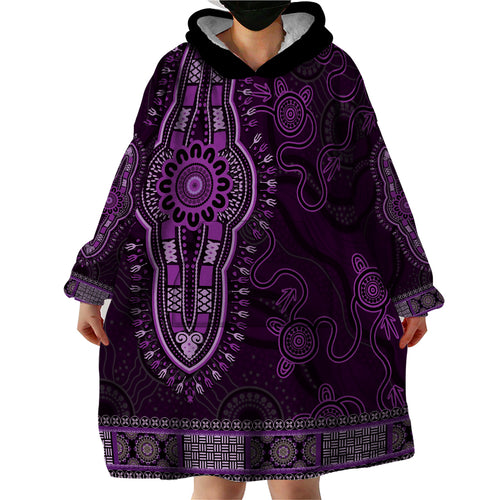 Purple African Dashiki With Australia Aboriginal Art Wearable Blanket Hoodie
