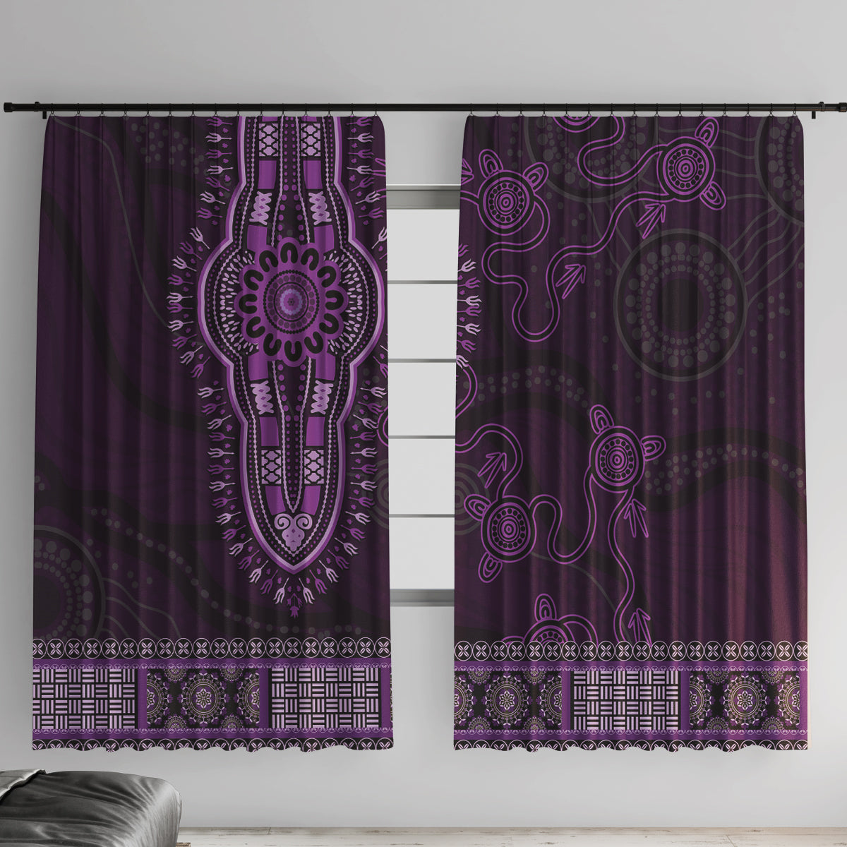 Purple African Dashiki With Australia Aboriginal Art Window Curtain