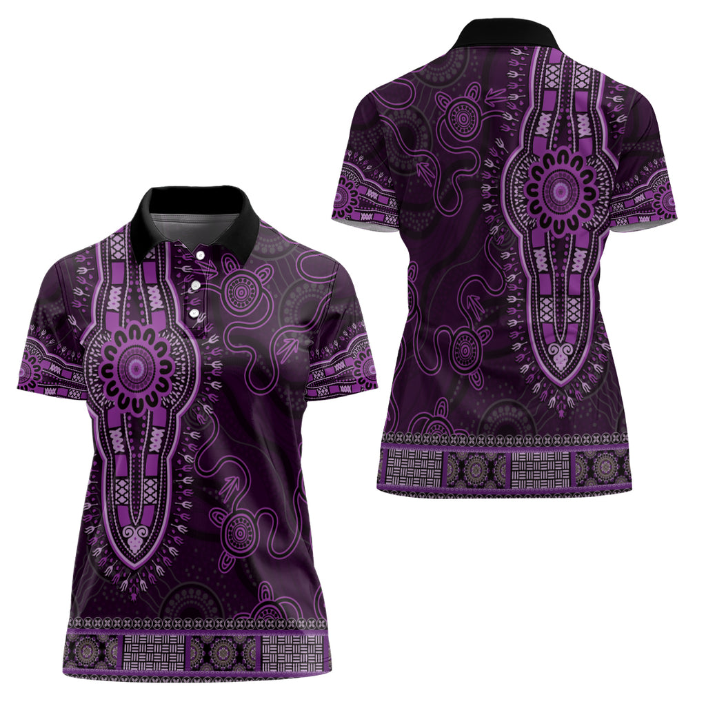 Purple African Dashiki With Australia Aboriginal Art Women Polo Shirt