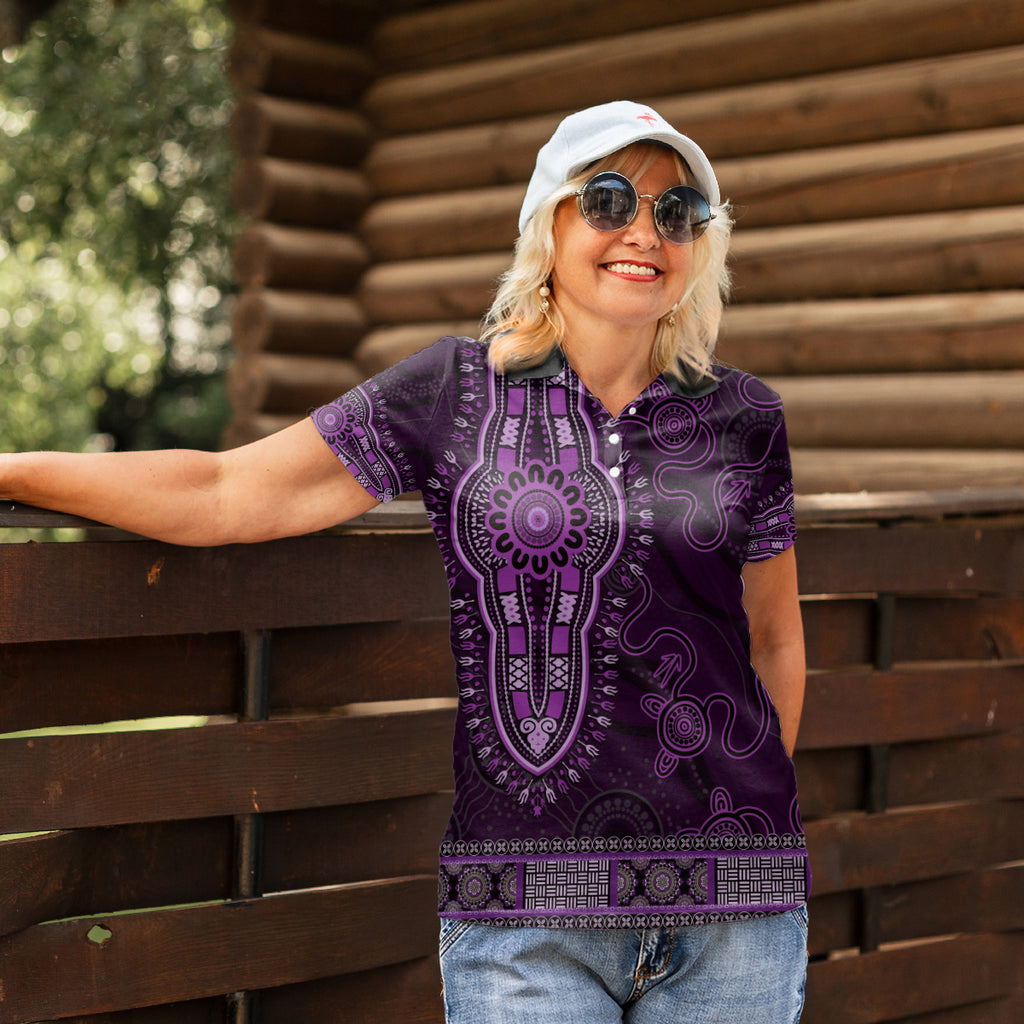 Purple African Dashiki With Australia Aboriginal Art Women Polo Shirt
