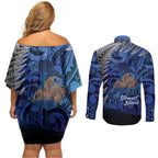 New Zealand Stewart Island Couples Matching Off Shoulder Short Dress and Long Sleeve Button Shirt Rakiura Kiwi Maori Glowing Sky