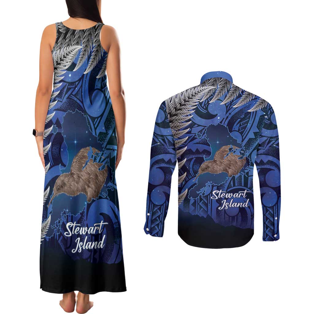 New Zealand Stewart Island Couples Matching Tank Maxi Dress and Long Sleeve Button Shirt Rakiura Kiwi Maori Glowing Sky