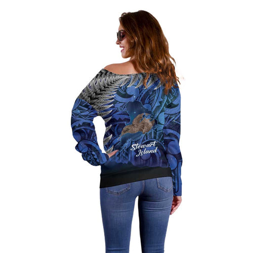 New Zealand Stewart Island Off Shoulder Sweater Rakiura Kiwi Maori Glowing Sky