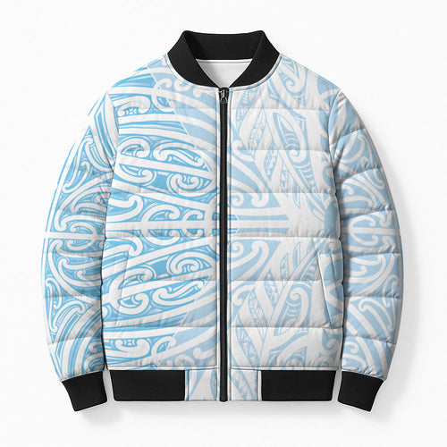 Blue New Zealand Puhoro Maori Tattoo Bomber Puffer Jacket