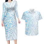 Blue New Zealand Puhoro Maori Tattoo Couples Matching Long Sleeve Bodycon Dress and Hawaiian Shirt