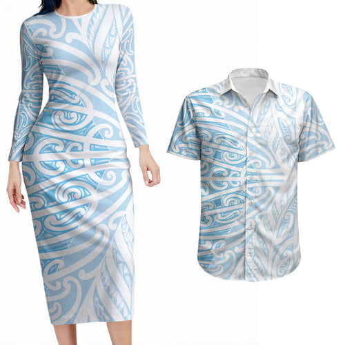 Blue New Zealand Puhoro Maori Tattoo Couples Matching Long Sleeve Bodycon Dress and Hawaiian Shirt