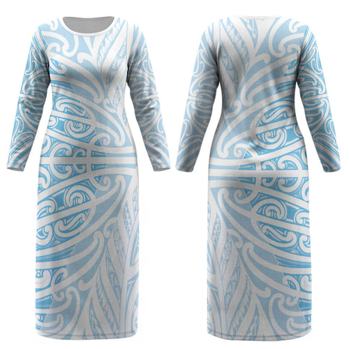 Blue New Zealand Puhoro Maori Tattoo Couples Matching Long Sleeve Bodycon Dress and Hawaiian Shirt LT14