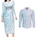 Blue New Zealand Puhoro Maori Tattoo Couples Matching Long Sleeve Bodycon Dress and Long Sleeve Button Shirt