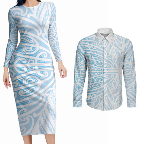 Blue New Zealand Puhoro Maori Tattoo Couples Matching Long Sleeve Bodycon Dress and Long Sleeve Button Shirt