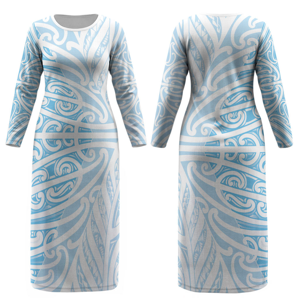 Blue New Zealand Puhoro Maori Tattoo Couples Matching Long Sleeve Bodycon Dress and Long Sleeve Button Shirt LT14