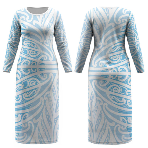 Blue New Zealand Puhoro Maori Tattoo Couples Matching Long Sleeve Bodycon Dress and Long Sleeve Button Shirt LT14