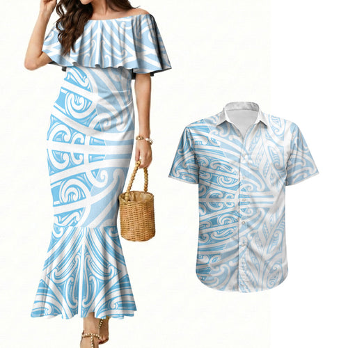 Blue New Zealand Puhoro Maori Tattoo Couples Matching Mermaid Dress and Hawaiian Shirt