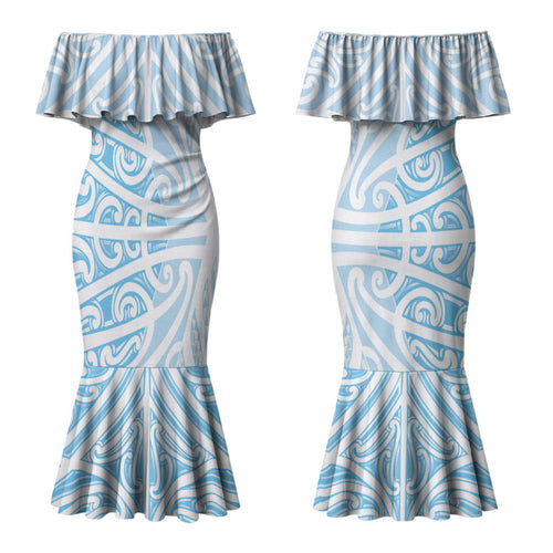 Blue New Zealand Puhoro Maori Tattoo Couples Matching Mermaid Dress and Hawaiian Shirt LT14