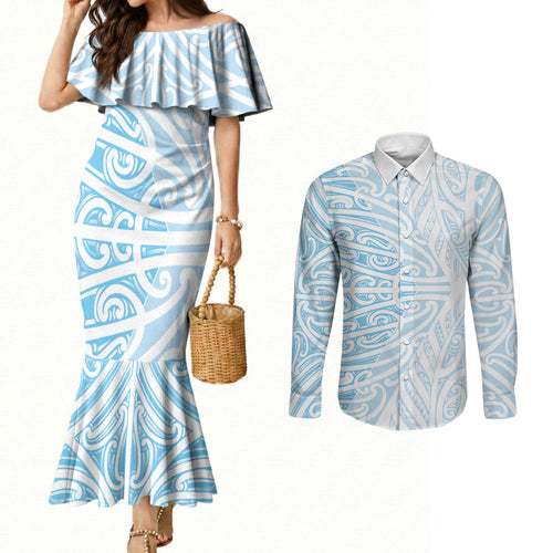 Blue New Zealand Puhoro Maori Tattoo Couples Matching Mermaid Dress and Long Sleeve Button Shirt