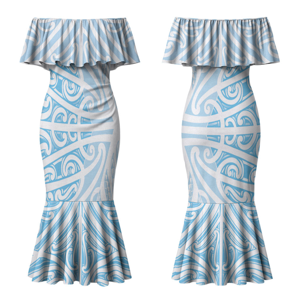 Blue New Zealand Puhoro Maori Tattoo Couples Matching Mermaid Dress and Long Sleeve Button Shirt LT14