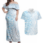 Blue New Zealand Puhoro Maori Tattoo Couples Matching Off Shoulder Maxi Dress and Hawaiian Shirt