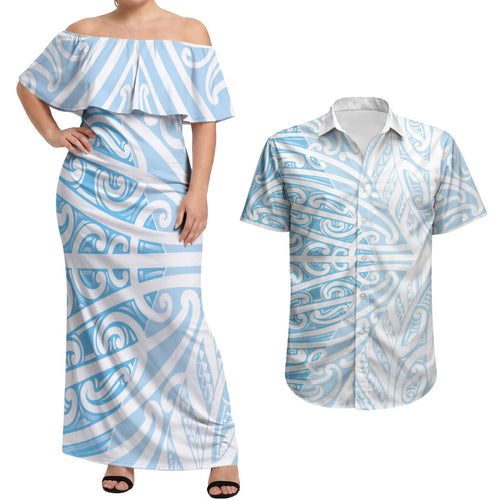 Blue New Zealand Puhoro Maori Tattoo Couples Matching Off Shoulder Maxi Dress and Hawaiian Shirt