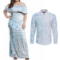 Blue New Zealand Puhoro Maori Tattoo Couples Matching Off Shoulder Maxi Dress and Long Sleeve Button Shirt