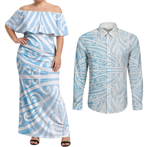 Blue New Zealand Puhoro Maori Tattoo Couples Matching Off Shoulder Maxi Dress and Long Sleeve Button Shirt