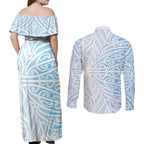 Blue New Zealand Puhoro Maori Tattoo Couples Matching Off Shoulder Maxi Dress and Long Sleeve Button Shirt