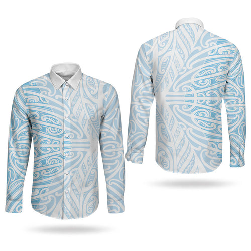 Blue New Zealand Puhoro Maori Tattoo Couples Matching Off Shoulder Maxi Dress and Long Sleeve Button Shirt