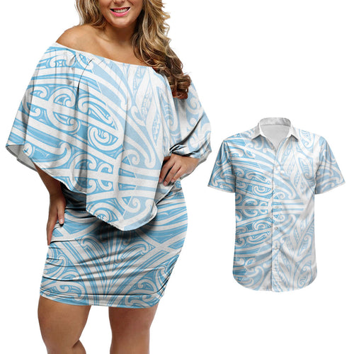 Blue New Zealand Puhoro Maori Tattoo Couples Matching Off Shoulder Short Dress and Hawaiian Shirt