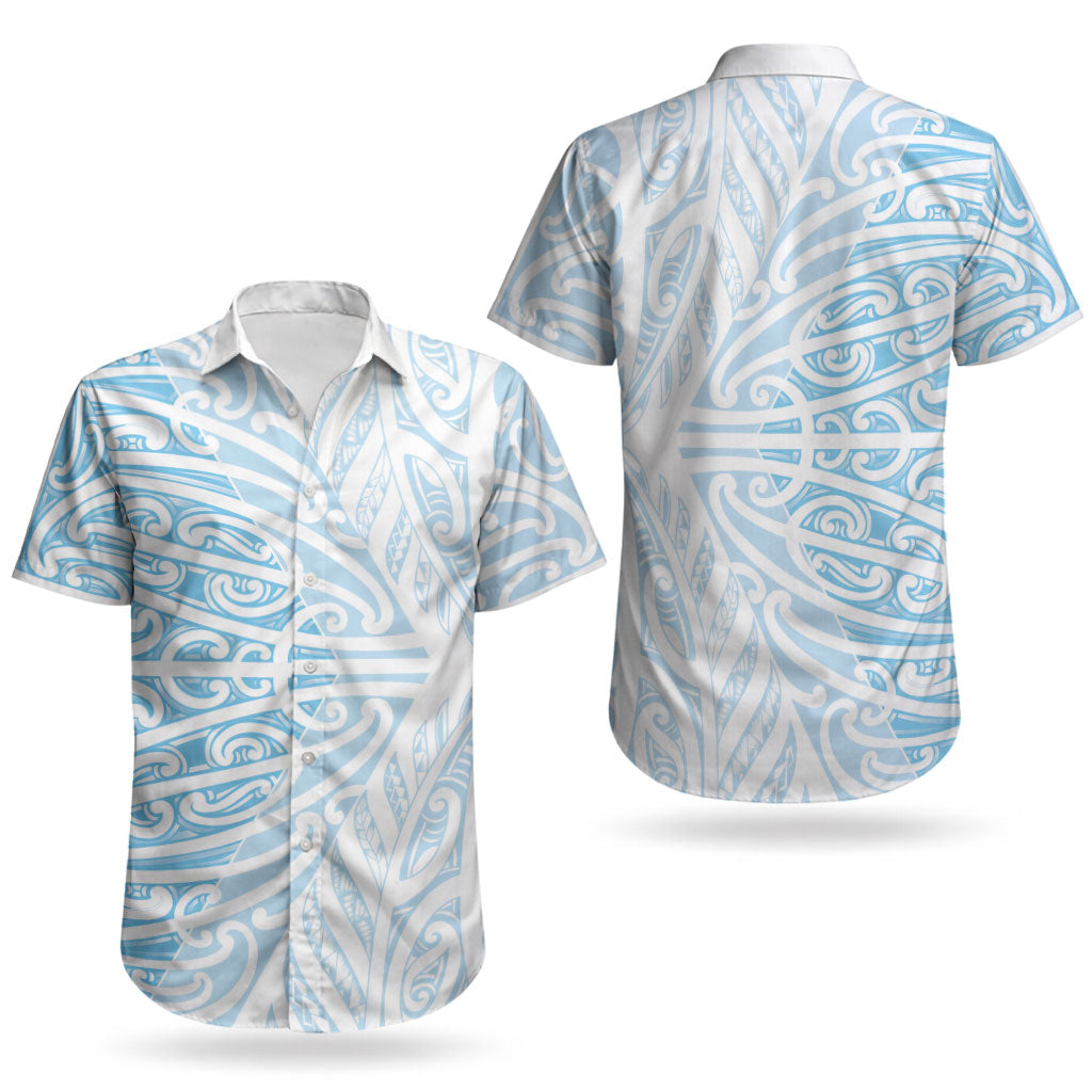 Blue New Zealand Puhoro Maori Tattoo Couples Matching Off Shoulder Short Dress and Hawaiian Shirt LT14