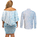 Blue New Zealand Puhoro Maori Tattoo Couples Matching Off Shoulder Short Dress and Long Sleeve Button Shirt